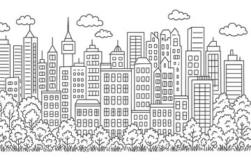 Fototapeta premium 街並みの線画イラスト、都市景観、高層ビル群と公園の風景