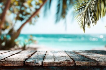 Empty Wooden Table On Tropical Beach Background
