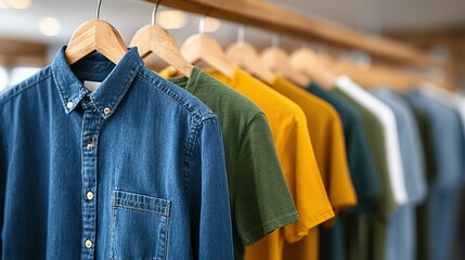 Obraz premium Variety of shirts on hangers in a store.
