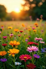 Obraz premium Golden hour light bathes vibrant wildflowers in a sprawling meadow , stunning, amazing