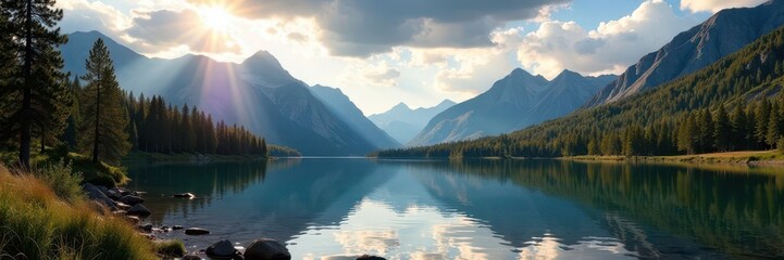 Sunlit West Tensleep Lake, Wyoming's rugged peaks reflect in tranquil water , scenic, america, lake