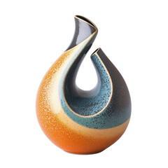 Abstract vase with glossy ceramic glaze in orange, beige, dark blue colors. Isolated object with transparent background. Interior decoration, blank empty vase mockup 