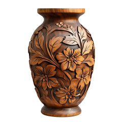 Wooden interior vase with curved floral motif. Isolated object with transparent background. Interior decoration, blank empty vase mockup 