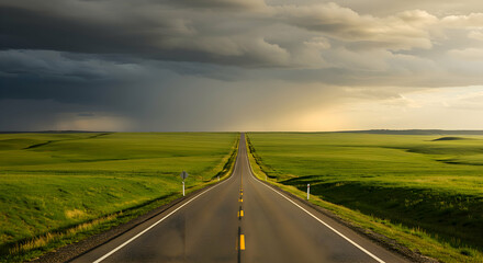 Driving Along Open Road Through Green Fields Under Stormy Sky