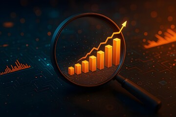 Magnifying glass highlights business growth chart with upward trend. Generative AI analysis financial success stock increase profit investment statistic performance market economy improvement 
