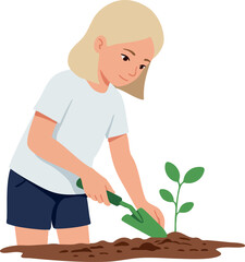 Child Planting Seedling with Trowel Gardening Activity Outdoors Vector Illustration 