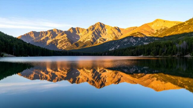 Golden sunlit mountain range reflected on mirror-like lake - Powered by Adobe