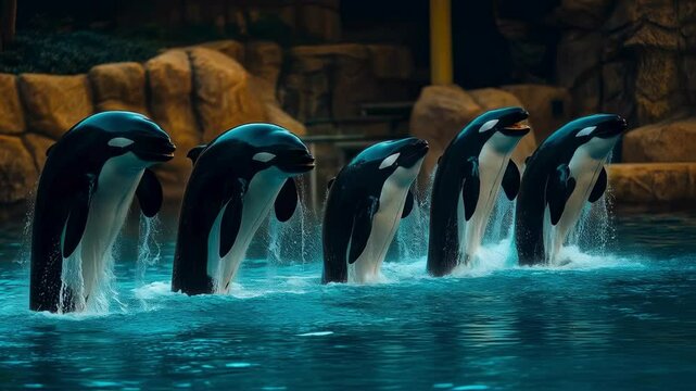 Five Orcas Performing a Synchronized Jump in a Pool