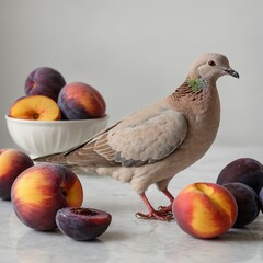 A dove next to sliced plums and peaches, white background