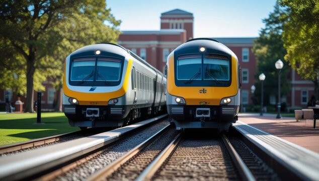 Two modern trains on parallel tracks, station with urban greenery and a brick building
