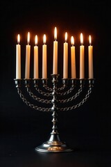 Fototapeta premium Burning Hanukkah candles illuminate a silver menorah, black backdrop, lamp, light