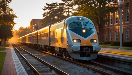 Naklejka premium Modern Passenger Train Arriving at a Station Bathed in Golden Sunlight