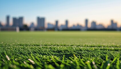 Green artificial turf field with city skyline blurred in the background landscape