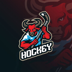 Bull mascot logo with modern illustration concept style for badge, emblem and t shirt printing. Bull hockey illustration for sport team.