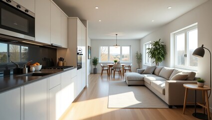 Bright, open-plan modern kitchen and living area.
