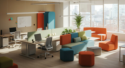 Modern Office Workspace Design with Colorful Modular Seating and Desks