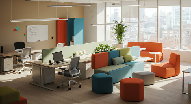 Modern Office Workspace Design with Colorful Modular Seating and Desks - Powered by Adobe