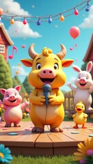 Fototapeta premium Cute cartoon farm animals performing on a stage.