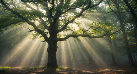 Obraz premium Majestic Oak Tree in Misty Forest with Sunbeams Streaming Through Branches