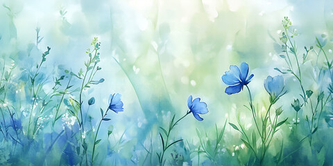 Blue Wildflowers in Soft Spring Light, Watercolor Nature Art