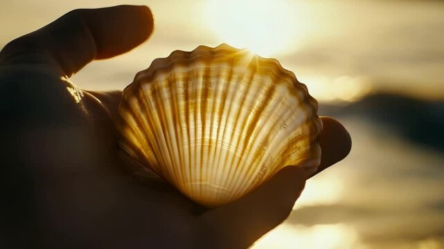 Hand holding seashell with sunset beach background