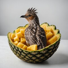 A bird inside a carved pineapple bowl, white background