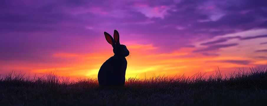 A rabbit silhouette against the purple and orange hues of a breathtaking Easter evening sky - Powered by Adobe
