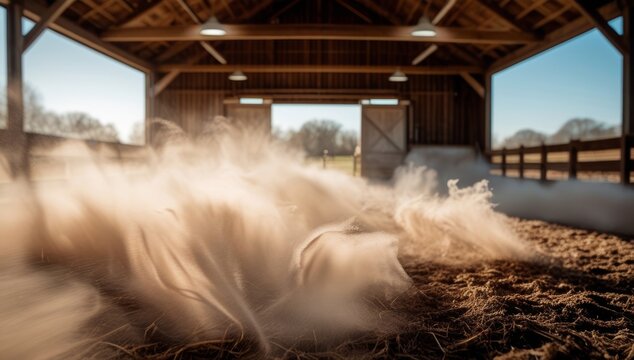 Sunlit Dust Particles Swirling Inside a Traditional Wooden Horse Arena Barn