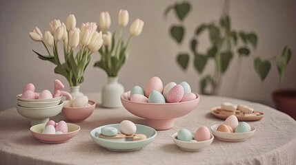 Pastel-colored eggs and flowers arranged on a table.