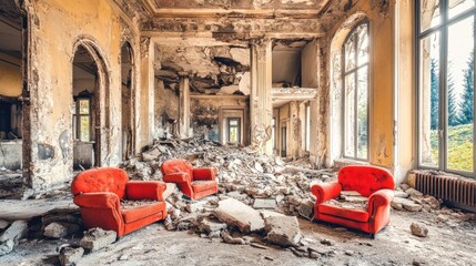 Abandoned grand room with red chairs