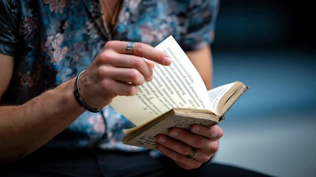 Man hand turning page of old book closeup wearing ring and bracelet in floral shirt, reading and holding open book, relaxed atmosphere, focus on fingers, paper texture, and text, blurred background