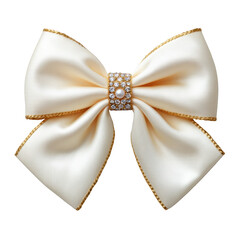 Elegant cream satin bow with gold trim and rhinestone pearl centerpiece, perfect for festive decoration or gift wrapping