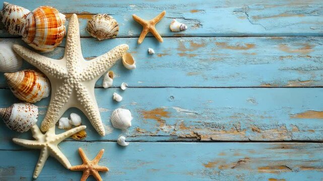 Seashells and Starfish on Rustic Blue Wooden Background