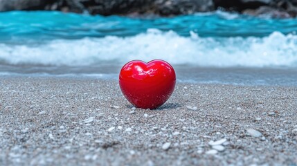 Obraz premium Red Heart on the Beach, Ocean Waves in Background