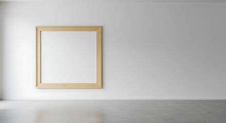 Wooden frame with empty space hanging on a white wall in the interior of the exhibition space