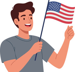 Young man holding waving American flag smiling patriotically vector illustration 
