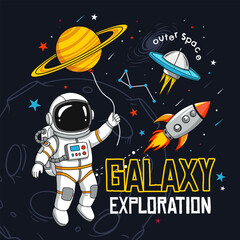 Fun cartoon astronaut holding a Saturn balloon, with a rocket and UFO in space