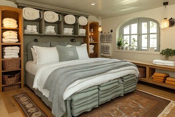 A cozy bedroom with stacked towels and a comfortable bed.