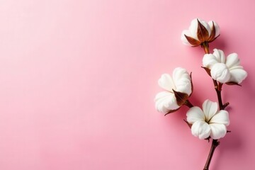 Delicate cotton branch on soft pink backdrop, ample copy space , pink, fluffy, agriculture