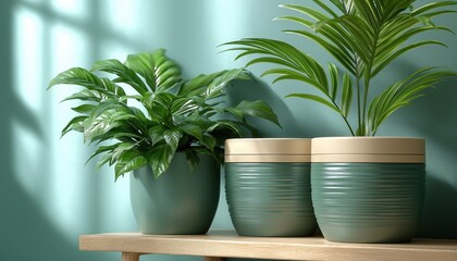 Fototapeta premium Lush Houseplants in Modern Pots on Wooden Shelf for Home Decor