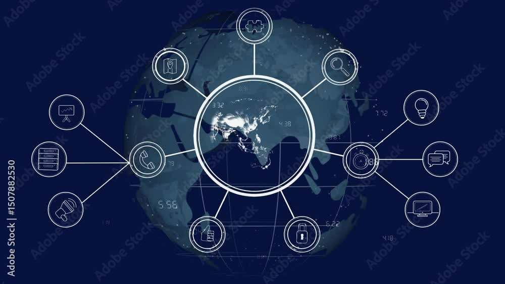 Poster bright hub appearing over rotating globe, radiating and morphing icons, visualizing data network