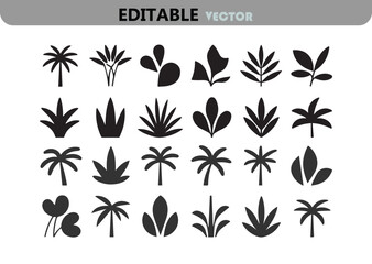 Set of Black Silhouette Tropical Plants and Leaves Vector Illustration Perfect for Summer Designs Logos or Botanical Themed Projects and Creative Graphic Elements