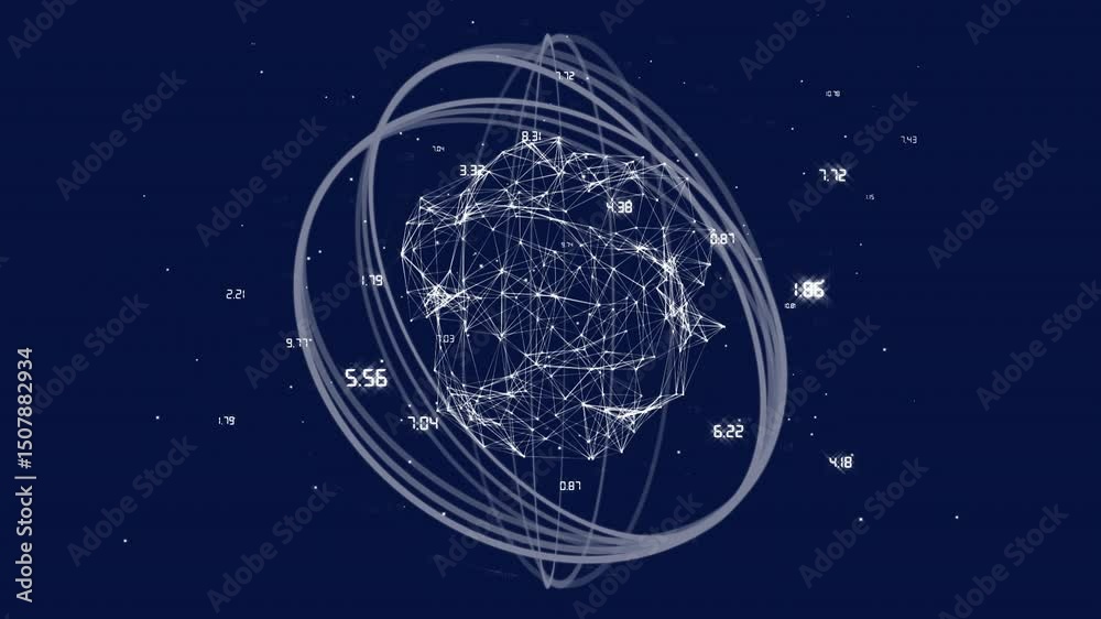 Poster on start, node cluster rotating while rings orbiting and numbers flickering for data visualization