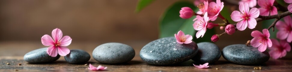 Fototapeta premium Polished stones nestled amongst blossoms and foliage, wooden backdrop , calm, treatment