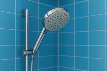 modern showerhead: A chrome handheld showerhead mounted on a sleek stand in a bright blue-tiled bathroom, offering a modern and flexible shower experience