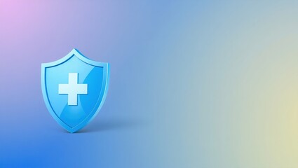 Obraz premium Glossy 3D light blue shield with white cross symbol on gradient blue background. Positioned right, reflective and clean. Minimalist design highlights themes of safety, health, protection.