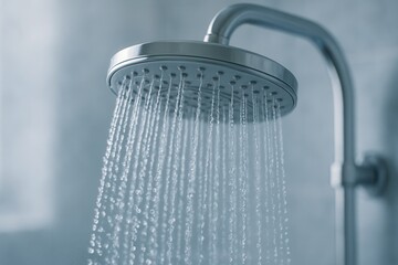 modern showerhead: A close-up of a modern showerhead with water flowing down, creating a refreshing and clean ambiance in a bathroom