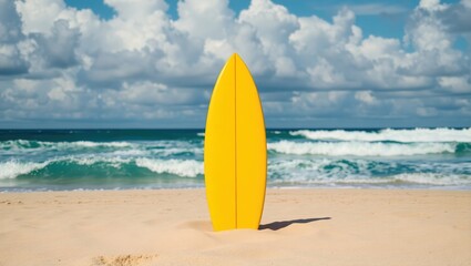 Yellow surfboard stands upright on sandy beach, centered against deep blue ocean and cloudy sky. Glossy finish, clear shadow, gentle waves—vibrant, balanced scene full of coastal energy.

