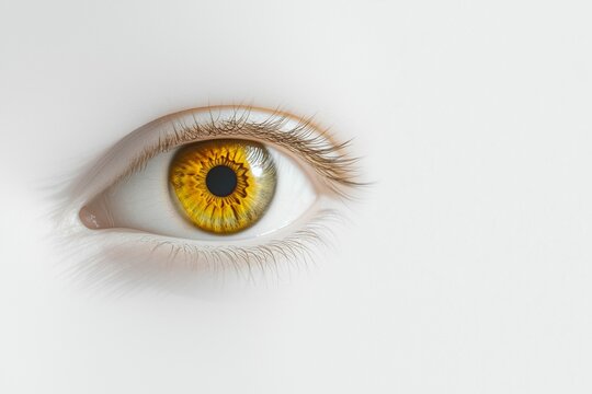 Close-Up of Golden Brown Human Eye on White Background with Sharp Iris Detail and Copy Space.