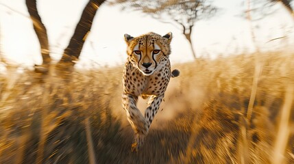 Cheetah Running at Full Speed Across African Savannah